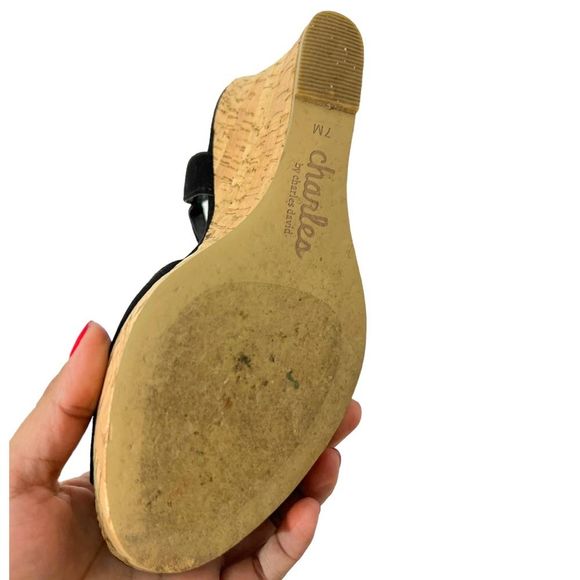 Charles David Black Canvas 7 Wedge Heel Cork Ankle T-Strap Platform Sandals - Picture 4 of 7